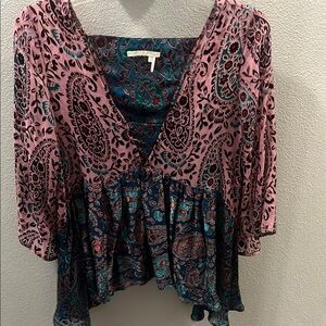 Floreat Pink and Blue Asymmetrical Peplum Blouse